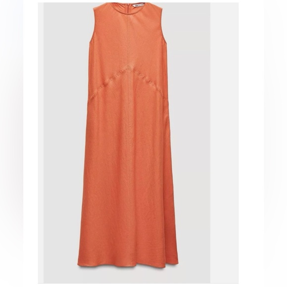 Zara Orange Sleeveless Linen Blend Maxi Sheath Dress Size Small - Picture 4 of 16